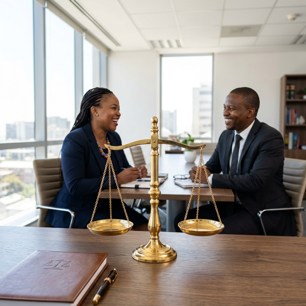Two black South African professionals discussing legal documents in a boardroom