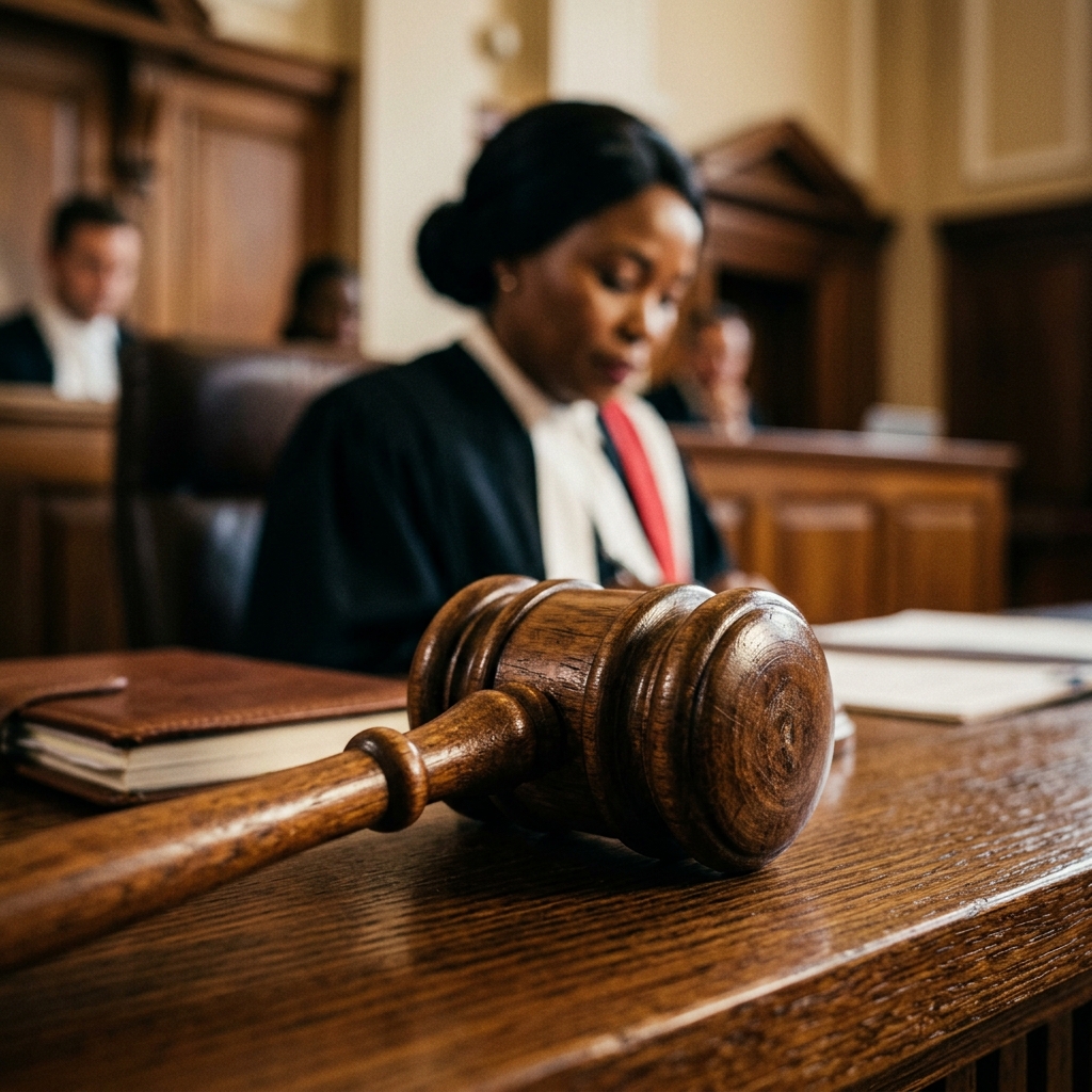 A confident South African black female lawyer in a professional legal environment representing a trusted brand